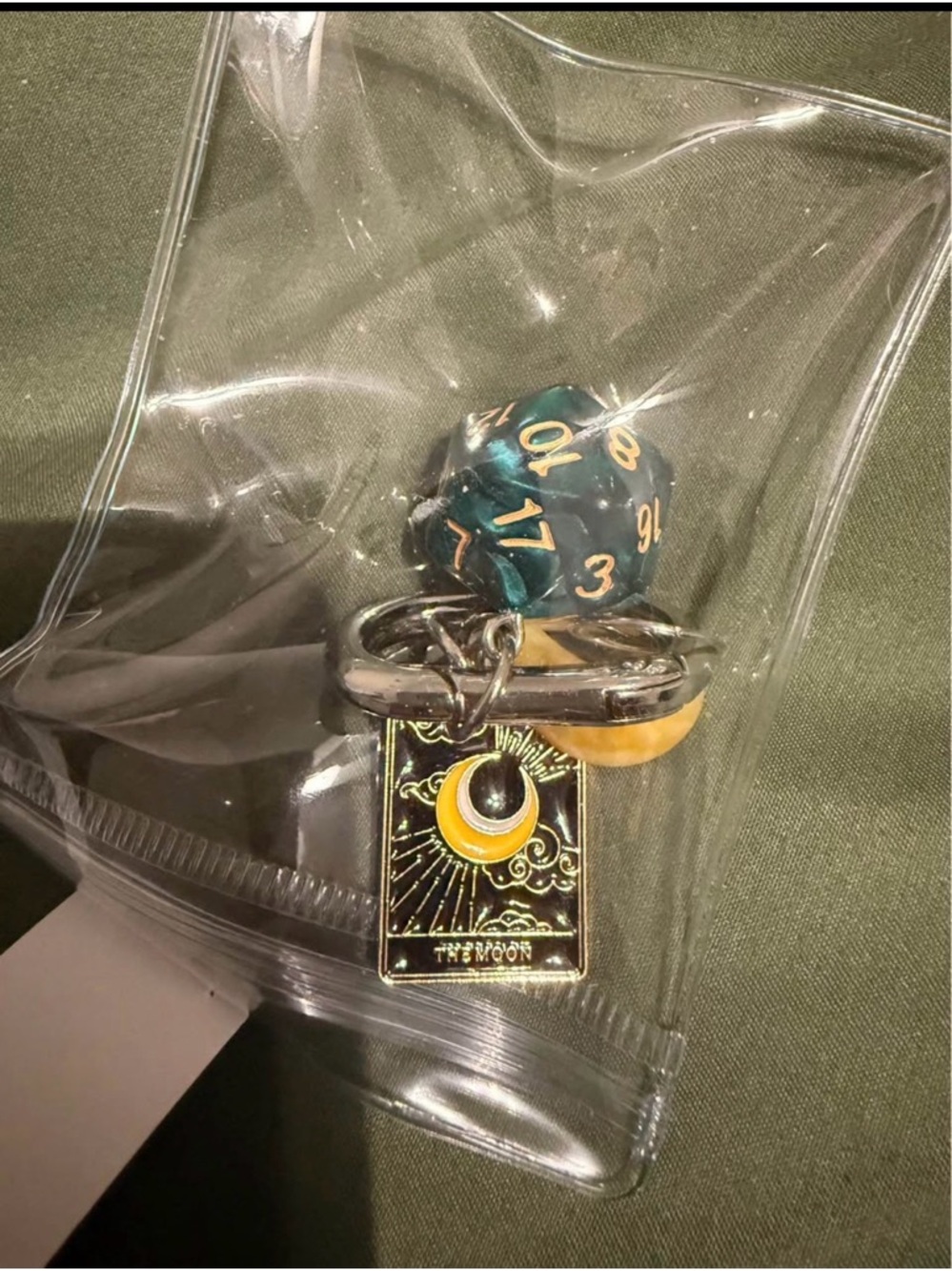 Tarot Moon Keychain with D20 Accent - Black & Gold